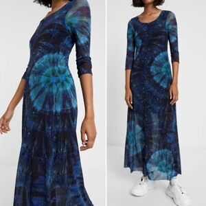 NWOT Desigual Blue Tie-Dye Mesh Jersey 3/4 Sleeve Slit A-Line Maxi Dress